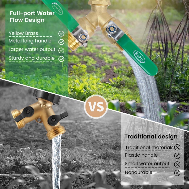BoArt Brass Garden Hose Splitter 2 Way Heavy Duty  Y Valve Hose Splitter With Stainless Steel Long Handle  3/4"" GHT Thread Y Valve Water Garden Hose Tap Adapter - Image 4